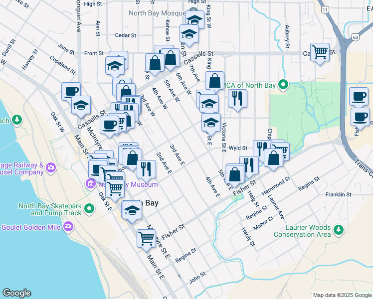 map of restaurants, bars, coffee shops, grocery stores, and more near in North Bay