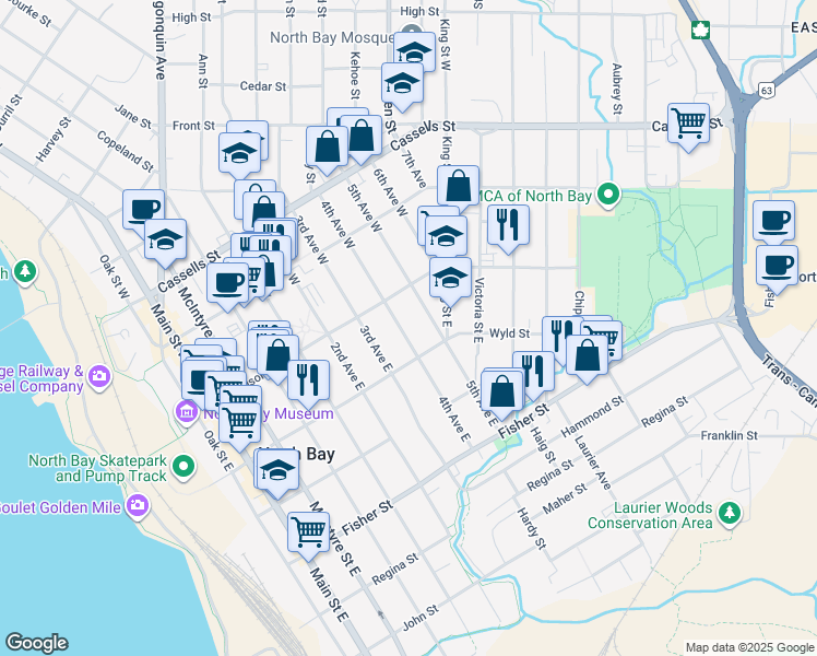 map of restaurants, bars, coffee shops, grocery stores, and more near 154 4th Avenue East in North Bay