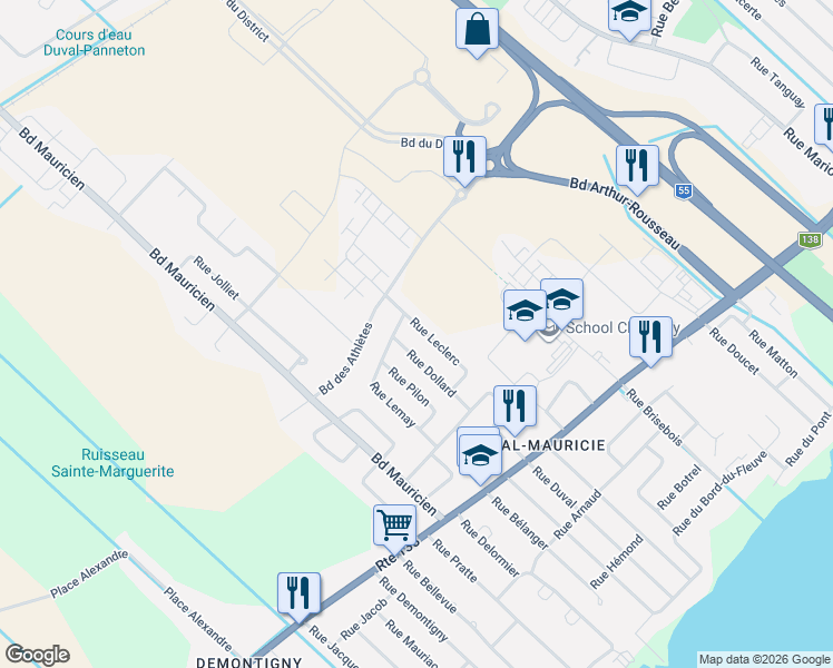 map of restaurants, bars, coffee shops, grocery stores, and more near 465 Rue Leclerc in Trois-Rivières