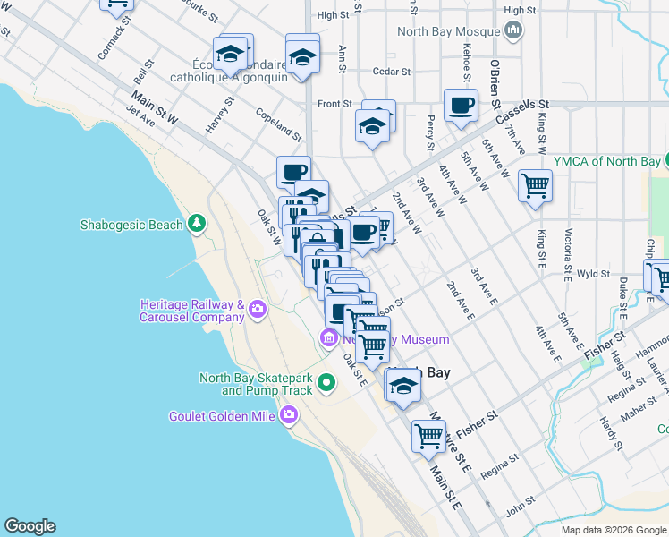 map of restaurants, bars, coffee shops, grocery stores, and more near 374 Fraser Street in North Bay