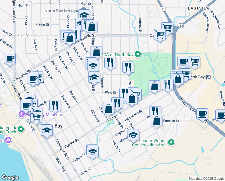 map of restaurants, bars, coffee shops, grocery stores, and more near 190 Princess Street East in North Bay