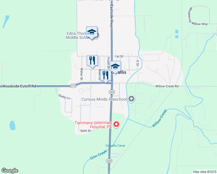 map of restaurants, bars, coffee shops, grocery stores, and more near 1075 Eastside Highway in Corvallis