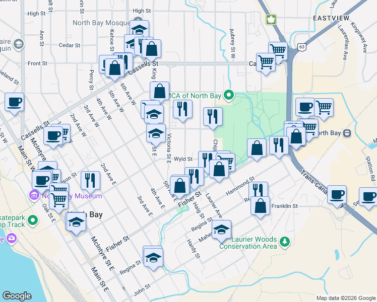 map of restaurants, bars, coffee shops, grocery stores, and more near 174 Princess Street East in North Bay