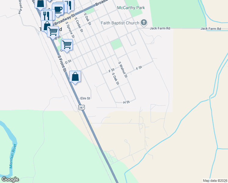 map of restaurants, bars, coffee shops, grocery stores, and more near 709 South Cedar Street in Townsend