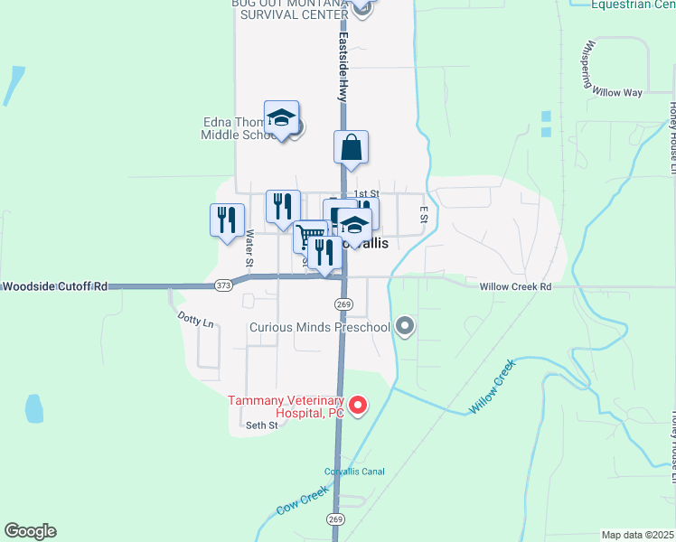 map of restaurants, bars, coffee shops, grocery stores, and more near 1075 Eastside Highway in Corvallis