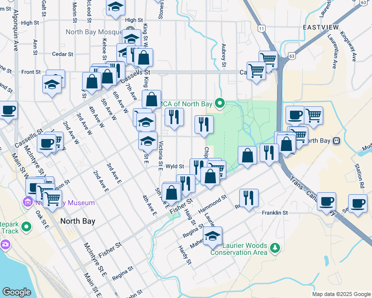 map of restaurants, bars, coffee shops, grocery stores, and more near in North Bay