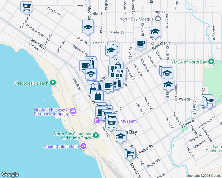map of restaurants, bars, coffee shops, grocery stores, and more near in North Bay