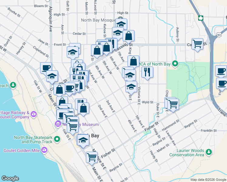 map of restaurants, bars, coffee shops, grocery stores, and more near 908 Ferguson Street in North Bay