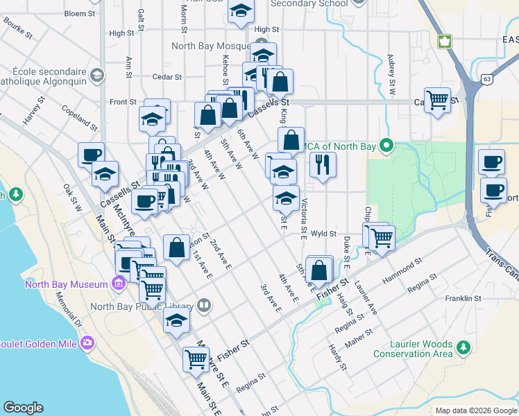 map of restaurants, bars, coffee shops, grocery stores, and more near 989 Ferguson Street in North Bay
