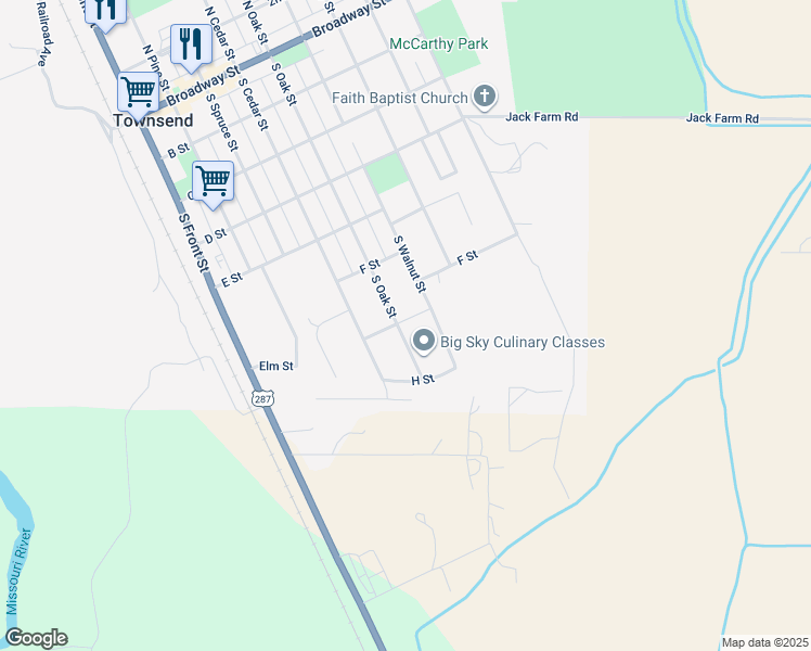 map of restaurants, bars, coffee shops, grocery stores, and more near 701 South Oak Street in Townsend
