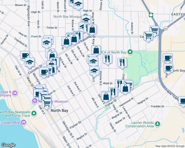 map of restaurants, bars, coffee shops, grocery stores, and more near 137 King Street East in North Bay