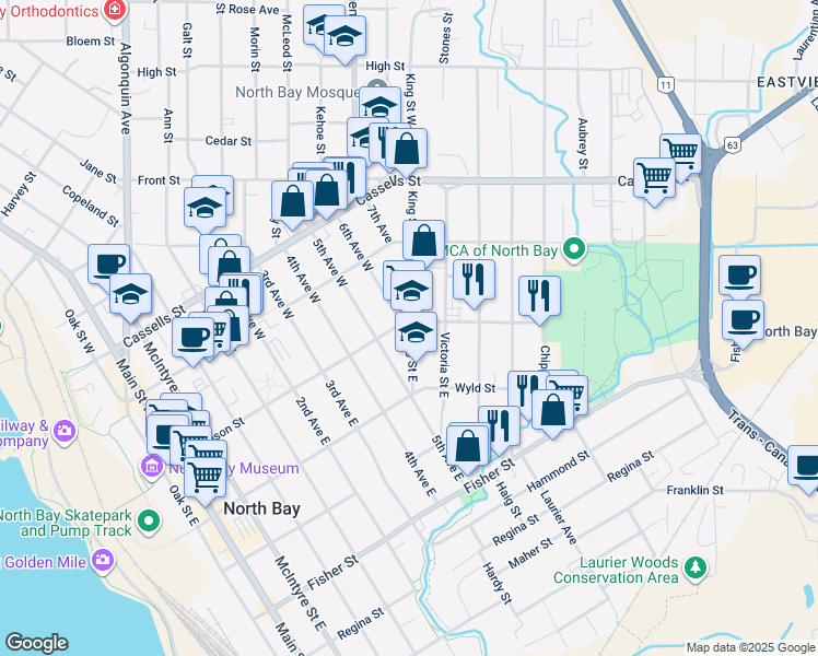 map of restaurants, bars, coffee shops, grocery stores, and more near 105 King Street East in North Bay
