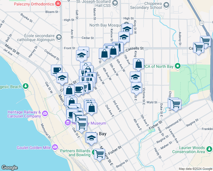 map of restaurants, bars, coffee shops, grocery stores, and more near 170 3rd Avenue West in North Bay