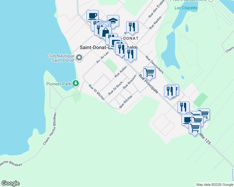 map of restaurants, bars, coffee shops, grocery stores, and more near 250 Rue Brisson in Saint-Donat-de-Montcalm