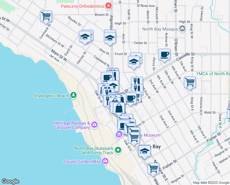map of restaurants, bars, coffee shops, grocery stores, and more near 340 McIntyre Street West in North Bay