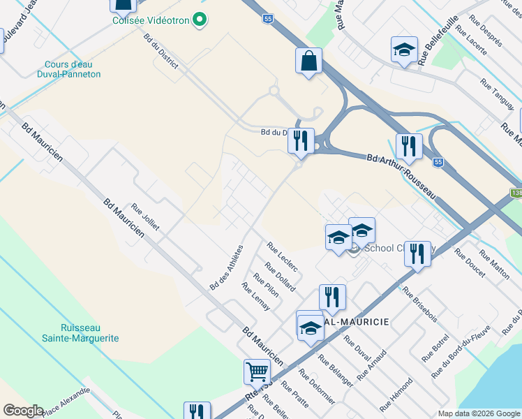 map of restaurants, bars, coffee shops, grocery stores, and more near 2045 rue de la Diversité in Trois-Rivières
