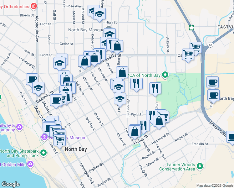 map of restaurants, bars, coffee shops, grocery stores, and more near 1150 Ferguson Street in North Bay