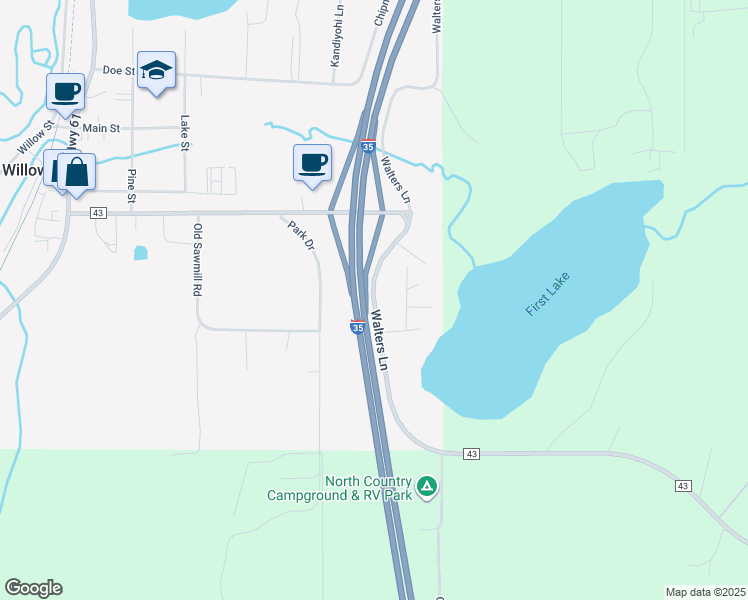 map of restaurants, bars, coffee shops, grocery stores, and more near County Highway 43 in Willow River
