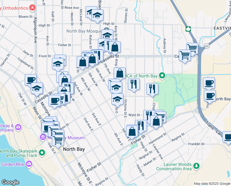 map of restaurants, bars, coffee shops, grocery stores, and more near 115 King Street West in North Bay