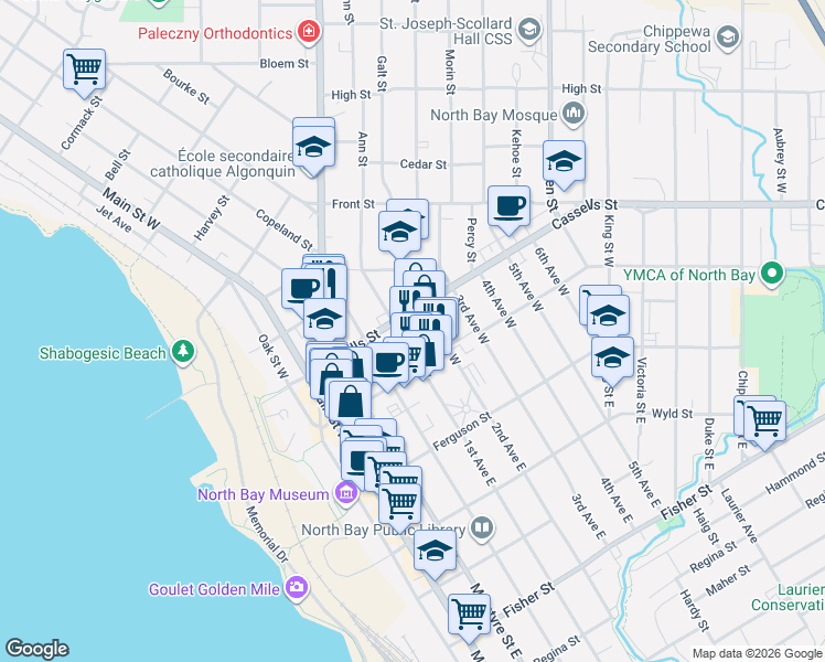 map of restaurants, bars, coffee shops, grocery stores, and more near 272 1st Avenue West in North Bay
