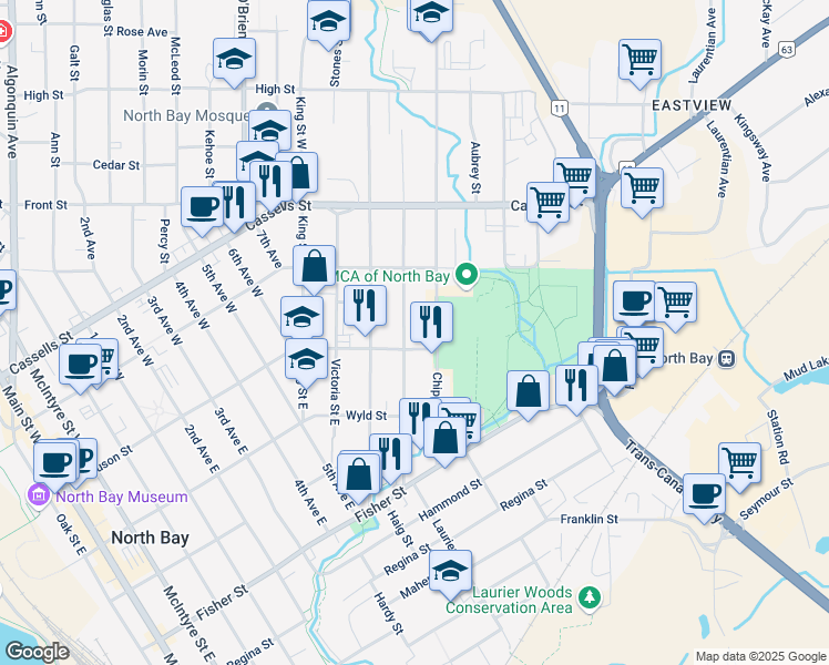 map of restaurants, bars, coffee shops, grocery stores, and more near 1595 Ferguson Street in North Bay