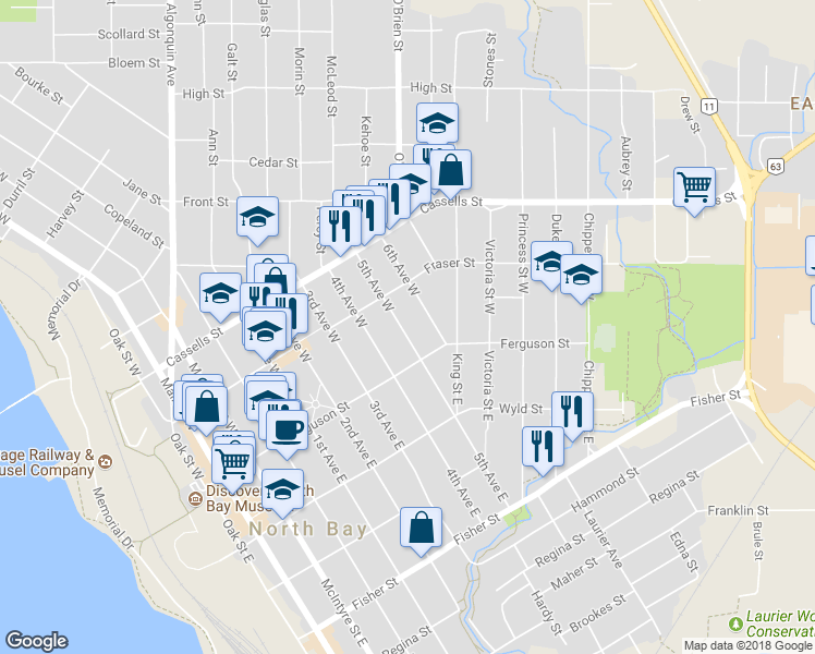 map of restaurants, bars, coffee shops, grocery stores, and more near 146 5th Avenue West in North Bay