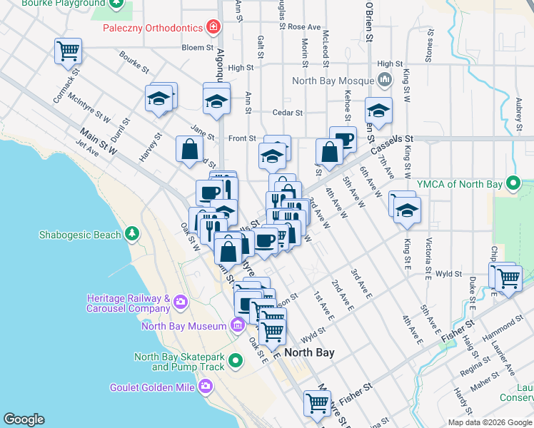 map of restaurants, bars, coffee shops, grocery stores, and more near 1st Avenue West in North Bay