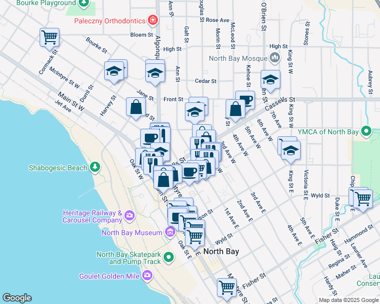 map of restaurants, bars, coffee shops, grocery stores, and more near in North Bay