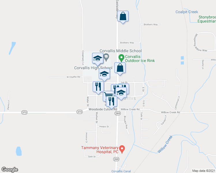 map of restaurants, bars, coffee shops, grocery stores, and more near 1040 Main Street in Corvallis