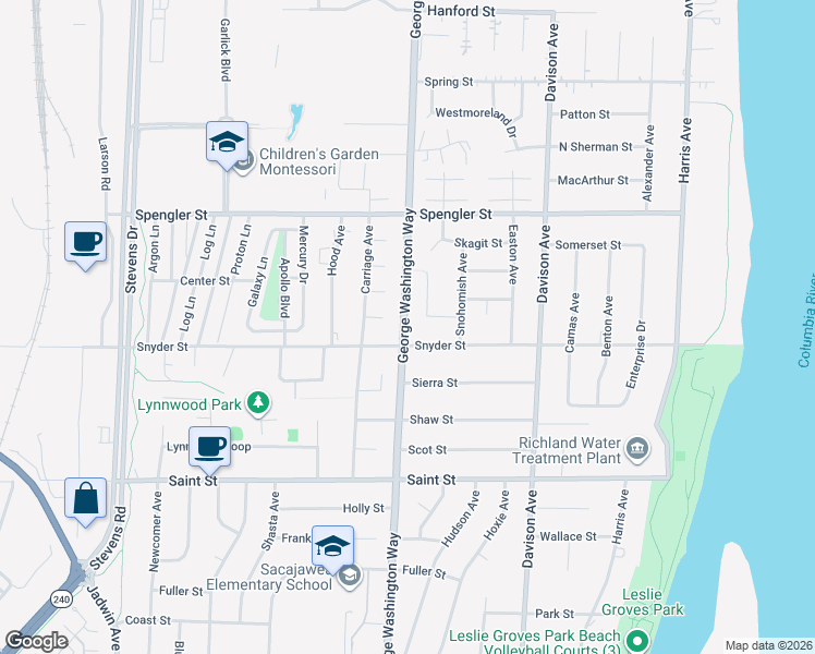 map of restaurants, bars, coffee shops, grocery stores, and more near 421 Skamania Street in Richland