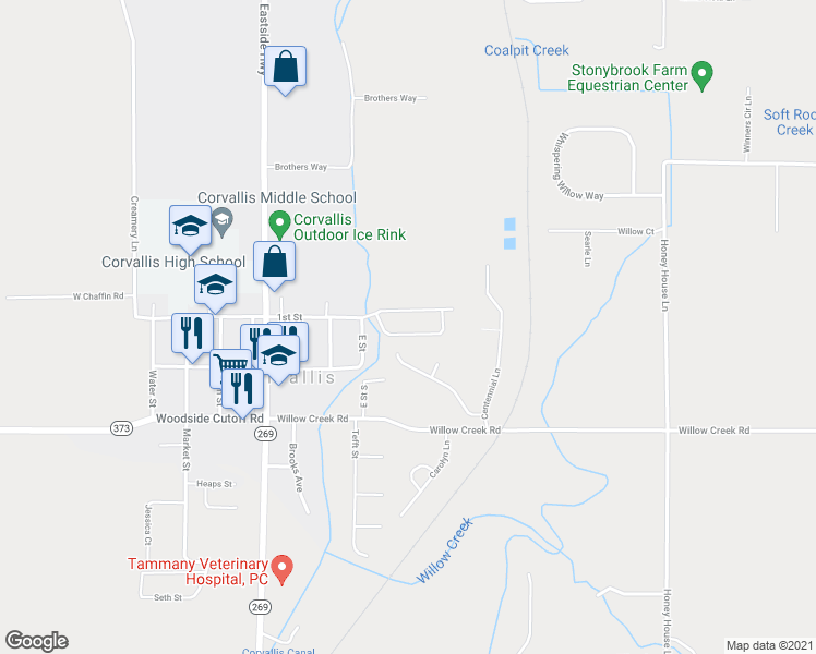 map of restaurants, bars, coffee shops, grocery stores, and more near 34 Corvallis Mobile Village in Corvallis