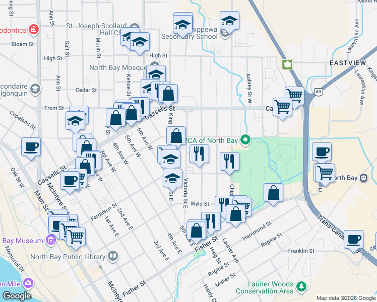 map of restaurants, bars, coffee shops, grocery stores, and more near 160 Victoria Street West in North Bay