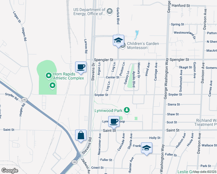 map of restaurants, bars, coffee shops, grocery stores, and more near 24 Log Lane in Richland