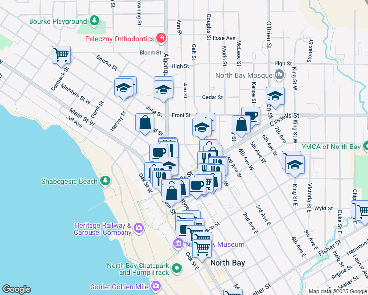 map of restaurants, bars, coffee shops, grocery stores, and more near 579 Commercial Street in North Bay