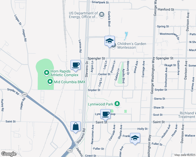 map of restaurants, bars, coffee shops, grocery stores, and more near 24 Log Lane in Richland
