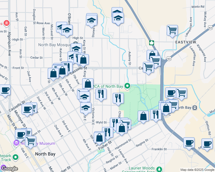 map of restaurants, bars, coffee shops, grocery stores, and more near 1457 Fraser Street in North Bay