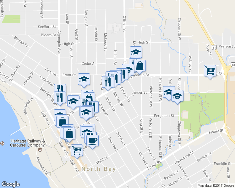 map of restaurants, bars, coffee shops, grocery stores, and more near in North Bay