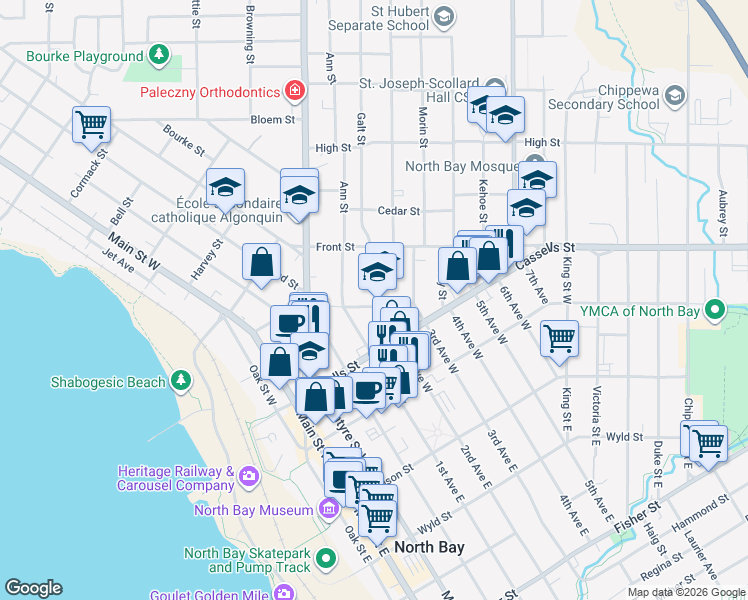 map of restaurants, bars, coffee shops, grocery stores, and more near 686 Commercial Street in North Bay