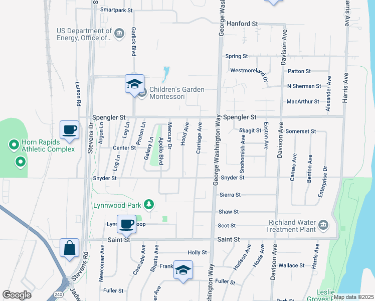 map of restaurants, bars, coffee shops, grocery stores, and more near 2348 Hood Avenue in Richland