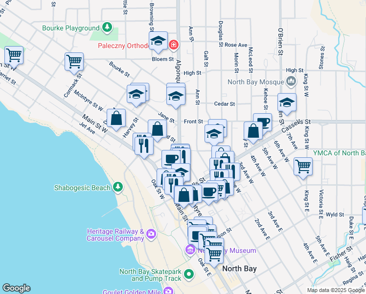 map of restaurants, bars, coffee shops, grocery stores, and more near 406 Algonquin Avenue in North Bay