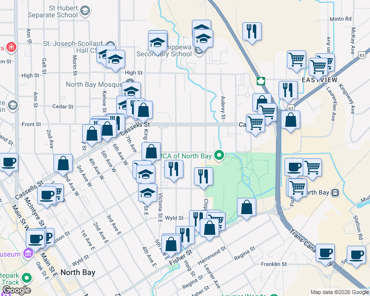 map of restaurants, bars, coffee shops, grocery stores, and more near 1456 Fraser Street in North Bay