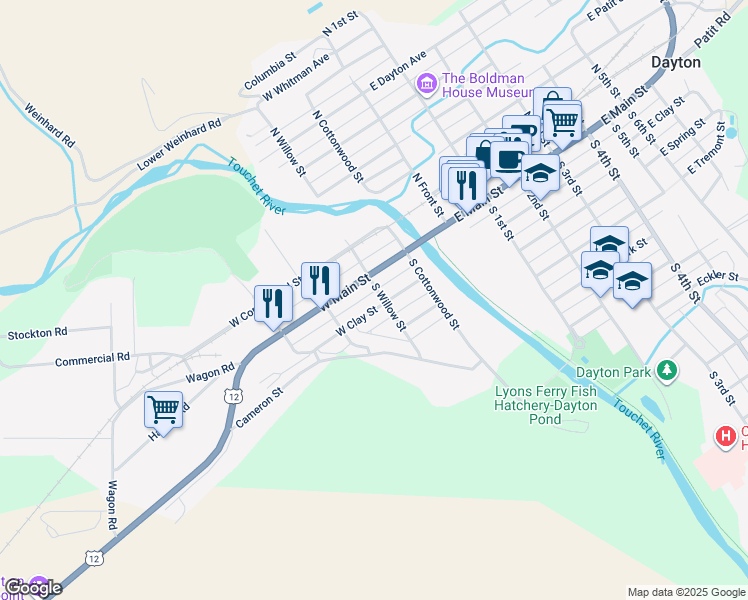 map of restaurants, bars, coffee shops, grocery stores, and more near 304 West Clay Street in Dayton