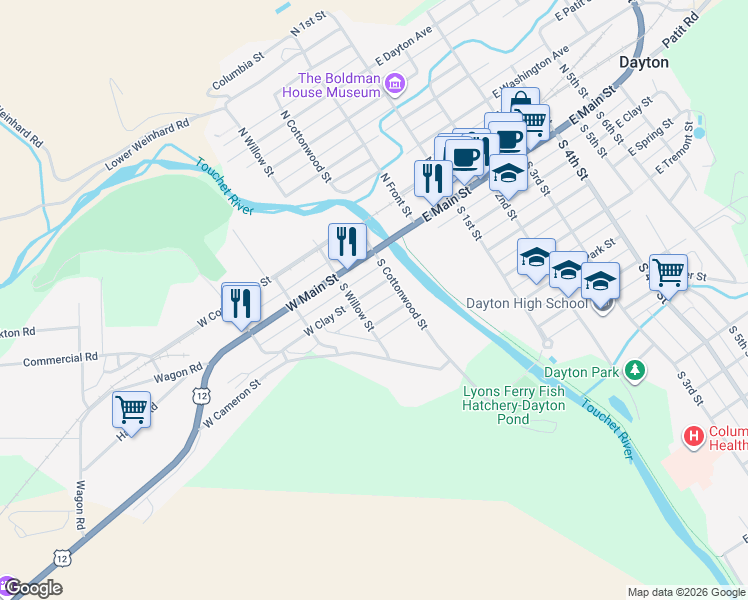 map of restaurants, bars, coffee shops, grocery stores, and more near 213 West Clay Street in Dayton