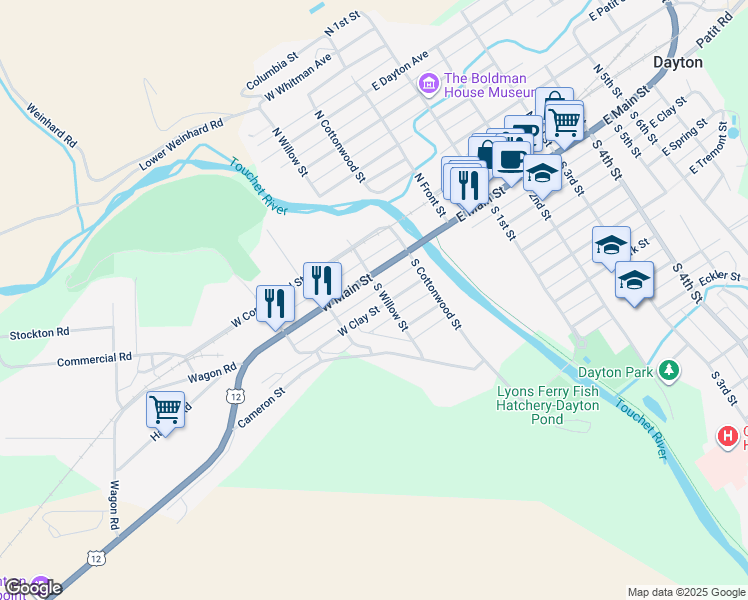 map of restaurants, bars, coffee shops, grocery stores, and more near 304 West Clay Street in Dayton