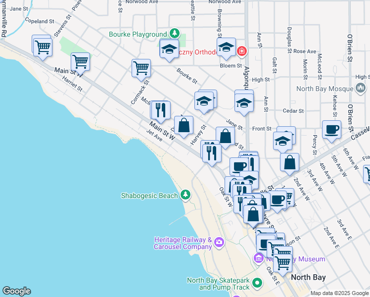 map of restaurants, bars, coffee shops, grocery stores, and more near 709 Main Street West in North Bay