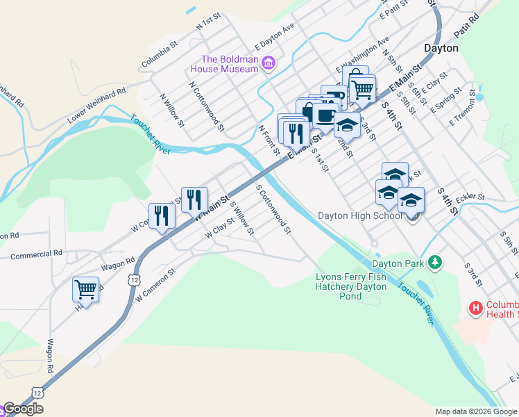 map of restaurants, bars, coffee shops, grocery stores, and more near 213 West Clay Street in Dayton