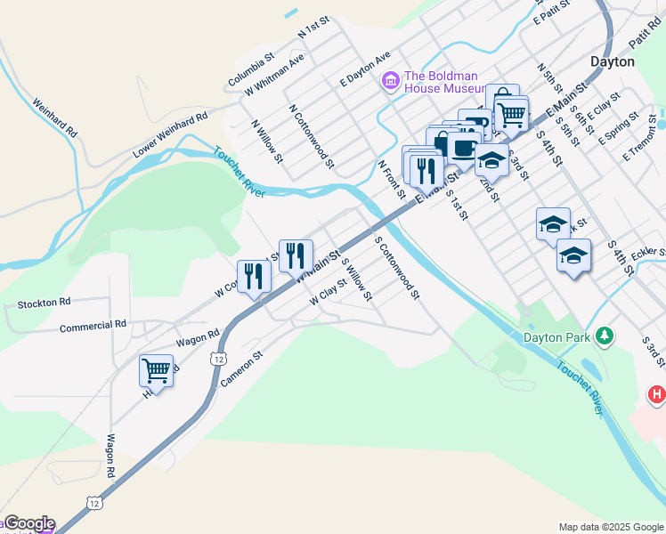 map of restaurants, bars, coffee shops, grocery stores, and more near 301 West Main Street in Dayton