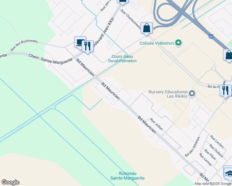 map of restaurants, bars, coffee shops, grocery stores, and more near 1300 Boulevard Mauricien in Trois-Rivières
