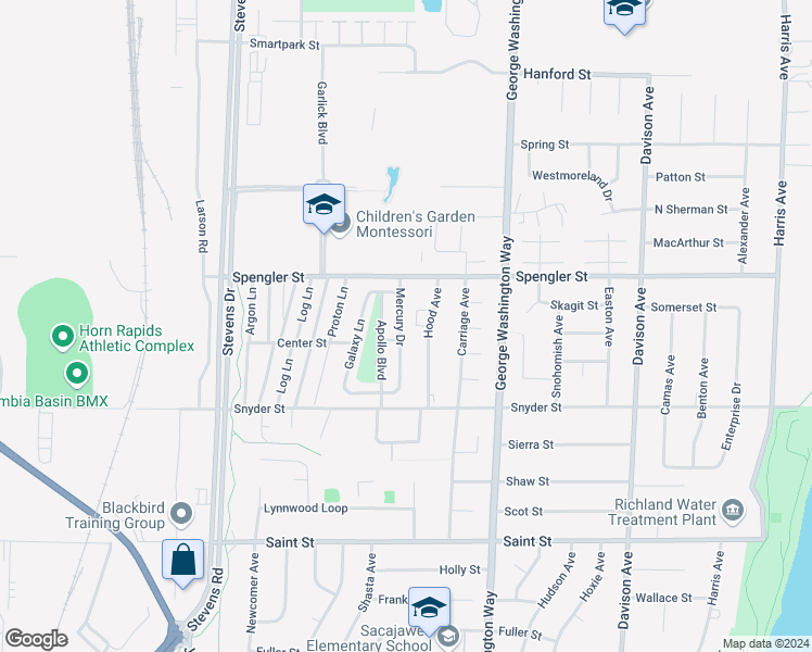 map of restaurants, bars, coffee shops, grocery stores, and more near 46 Mercury Drive in Richland
