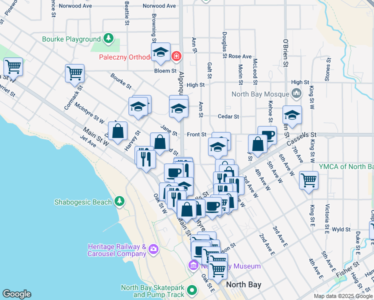 map of restaurants, bars, coffee shops, grocery stores, and more near 406 Algonquin Avenue in North Bay